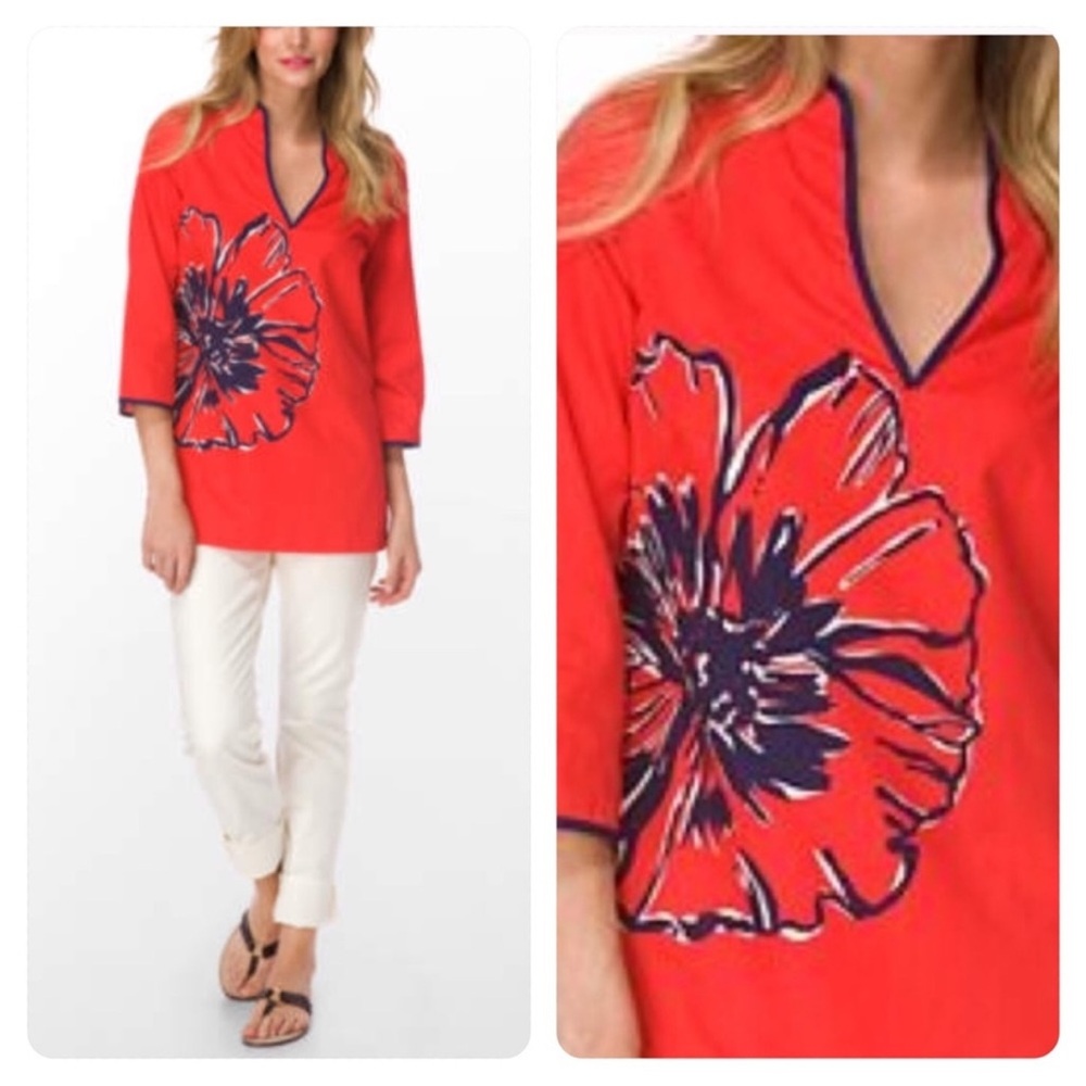 Lilly Pulitzer Red Tunic with Navy Floral Print